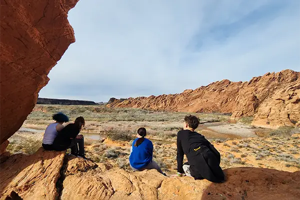 Teens look out at the desert illustrating the healing effects of brainspotting for teens | Discovery Ranch South, a Residential Treatment Center for Girls and Teens Assigned Female at Birth